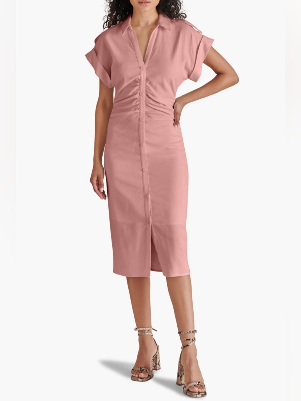 🖤 NWT Steve Madden Cambrie Linen Blend Ruched Midi Dress Pink XS 🖤